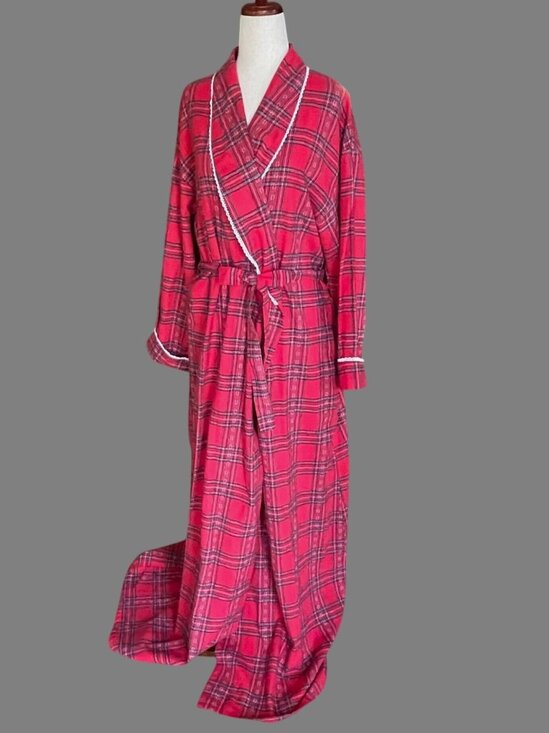 Lanz of Salzburg Red Plaid Tartan Flannel Womens Robe Tie Belt Lace Large - Picture 1 of 10